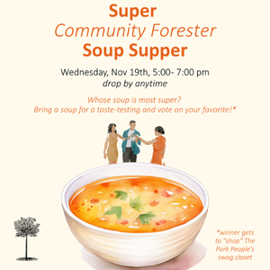 Graphic of a large bowl of soup, with three people socializing. Includes the words "Super Community Forester Soup Supper"