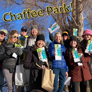 Group of smiling people wearing hats and gloves, with blue sky and leafless trees, behind them. They're holding up flyers that say Denver Digs Trees. Label says "Chaffee Park!"